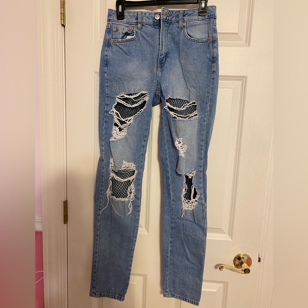 Distressed mom jeans w/ built-in fishnets from H&M, size 8
